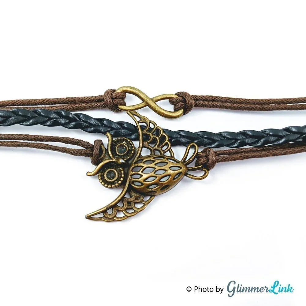 Multi Strand Faux Leather Owl Charm Infinity Bracelet